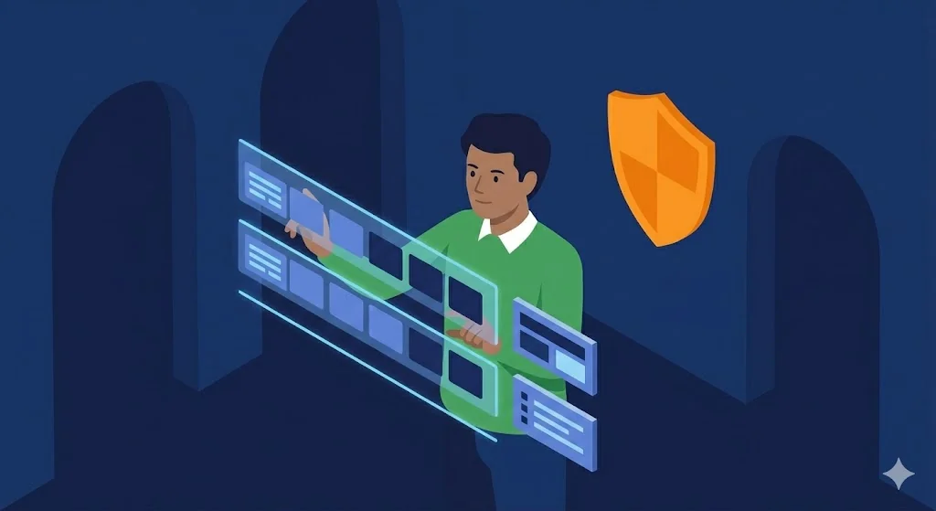 A person working through secured records behind an access shield