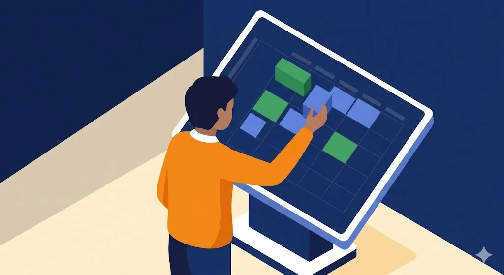 A team member organizing work on a planning board