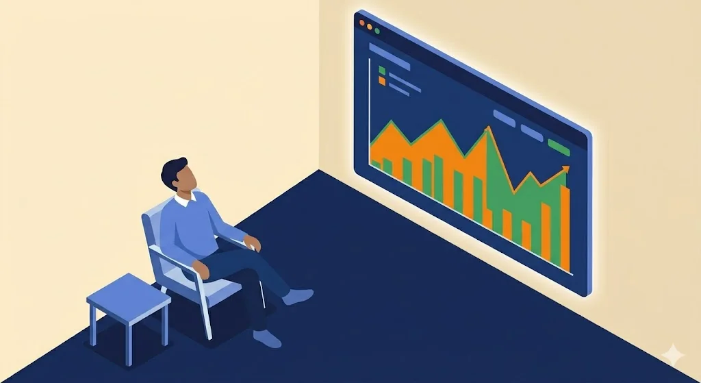 A person reviewing a live analytics dashboard on a wall display